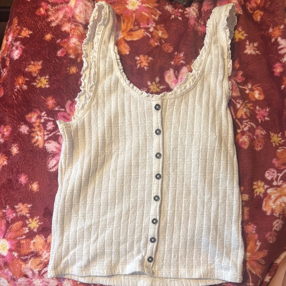 White Lace Trim Button-Down Top